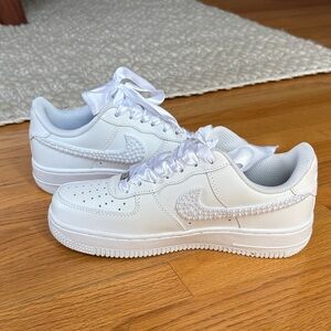 Nike Air Force 1 Women's White Pearl-Embellished Sneakers Wedding Bridal